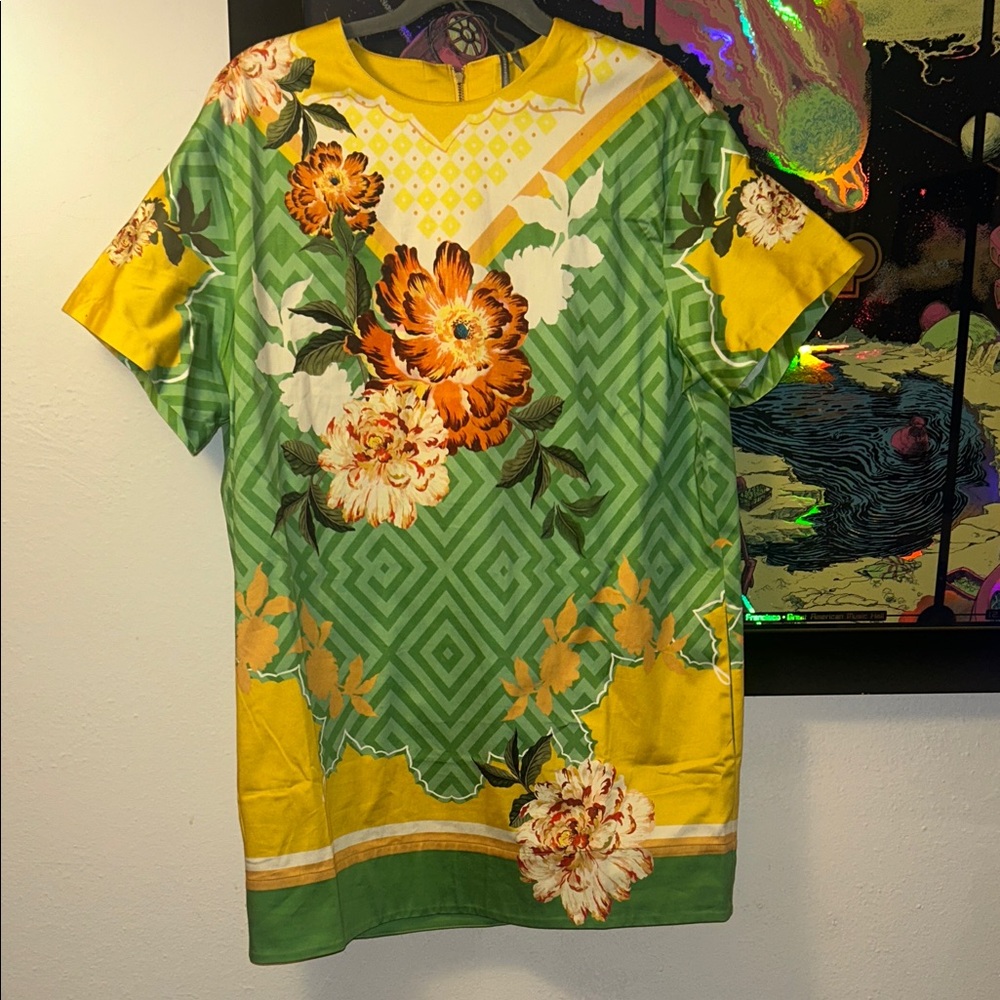 Anthropologie Green and Yellow Floral shift Dress